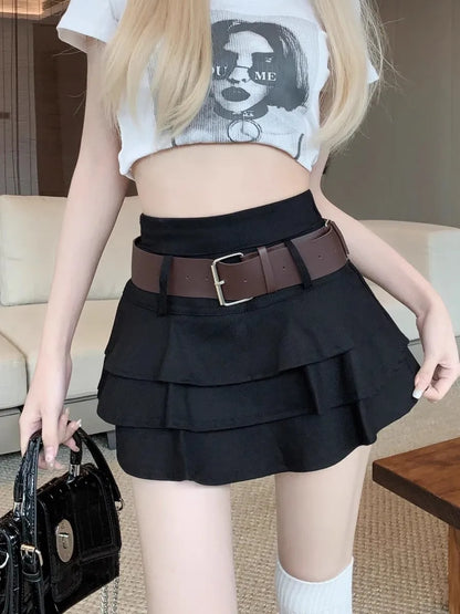 Tiered Ruffle Mini Skirt with Belt