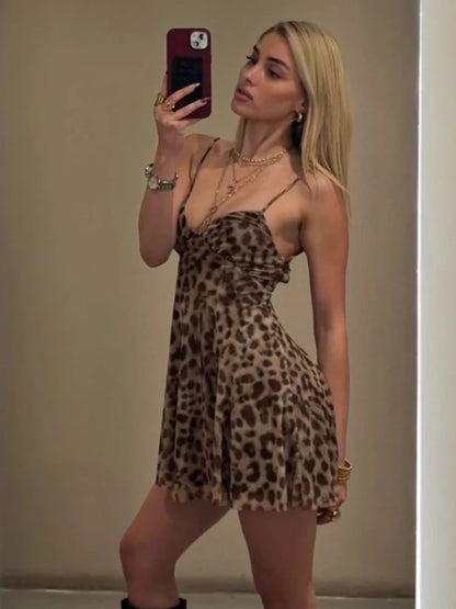 Leopard Print Mesh Spaghetti Strap Deep V Neck Mini Dress