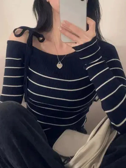 Off-Shoulder Sweater with Adjustable Lace-Up Strap