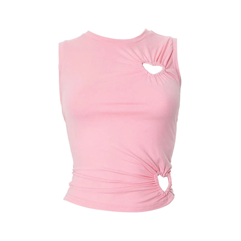 Hollow Out Love Heart Round Neck Sleeveless Top