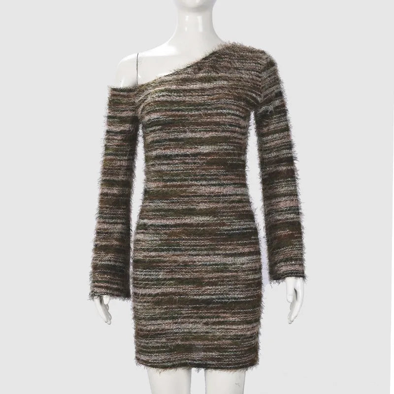 Striped Fall Fashion Knitted Sweater One Shoulder Long Sleeve Dress