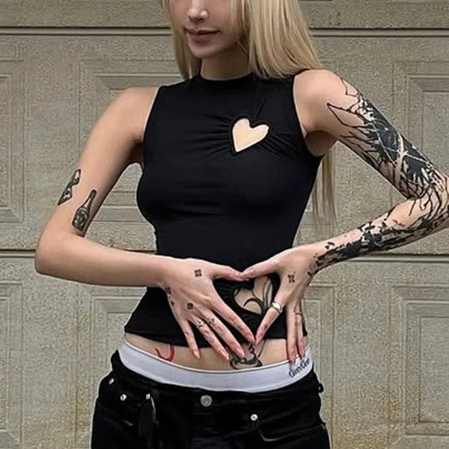 Hollow Out Love Heart Round Neck Sleeveless Top