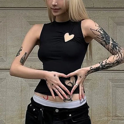 Hollow Out Love Heart Round Neck Sleeveless Top