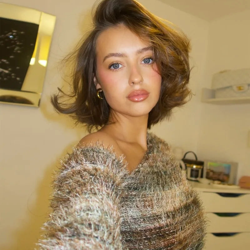 Striped Fall Fashion Knitted Sweater One Shoulder Long Sleeve Dress