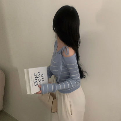 Off-Shoulder Sweater with Adjustable Lace-Up Strap