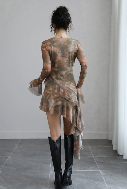 Serena Bell Sleeve Tie Dye Print Mesh Dress