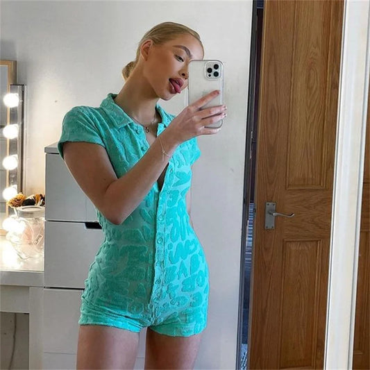 Y2k Short Sleeve Bodycon V-Neck Button Up Furry Romper