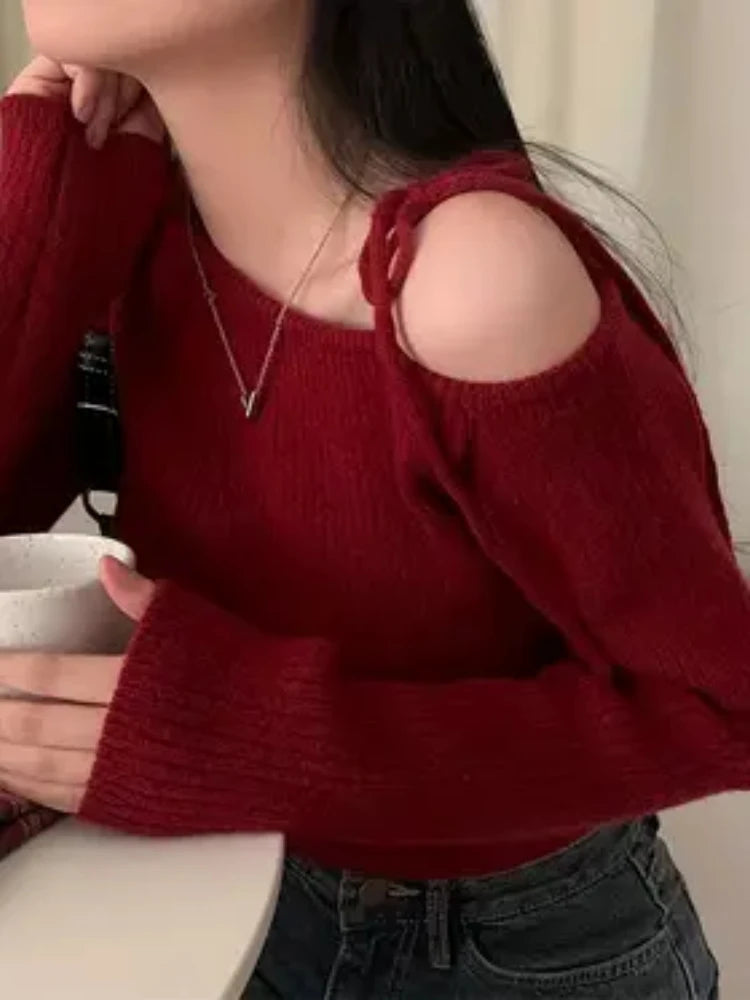 Off-Shoulder Sweater with Adjustable Lace-Up Strap