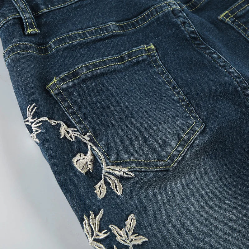 Embroidery Low Waist Flare Leg Washed Distressed Jeans