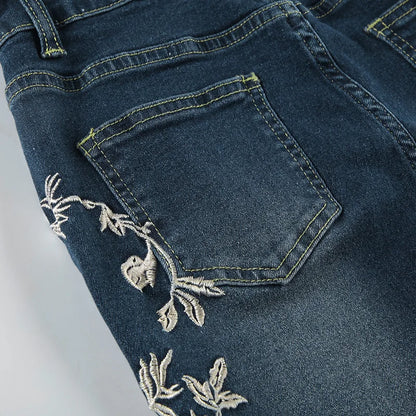 Embroidery Low Waist Flare Leg Washed Distressed Jeans