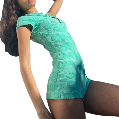 Y2k Short Sleeve Bodycon V-Neck Button Up Furry Romper