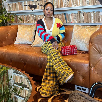 Plaid Print Casual Flared Pants
