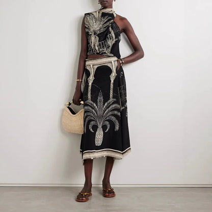 Vintage Print Satin Skirt Two Piece Set