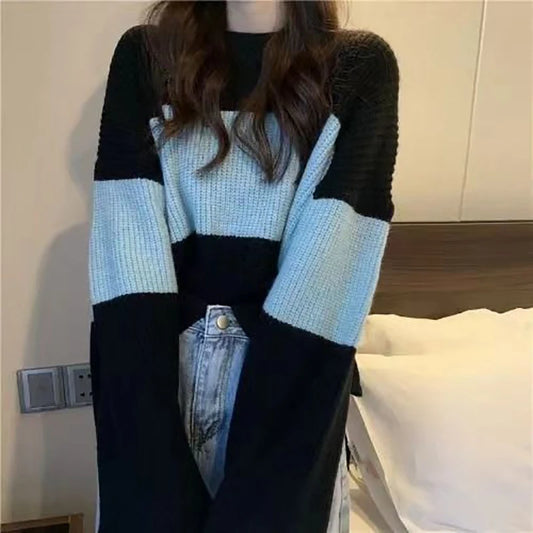 Bold Stripe Long Sleeve O Neck Oversized Pullover Sweater