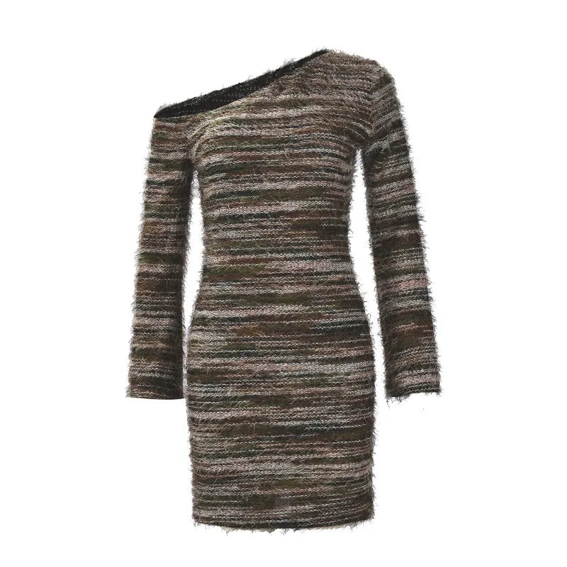 Striped Fall Fashion Knitted Sweater One Shoulder Long Sleeve Dress