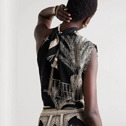 Vintage Print Satin Skirt Two Piece Set