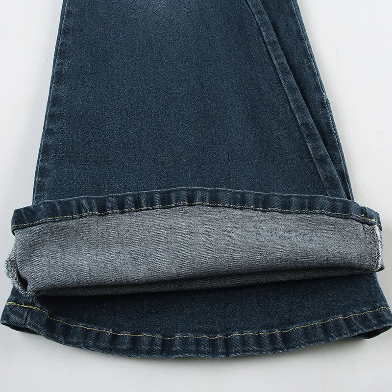 Embroidery Low Waist Flare Leg Washed Distressed Jeans