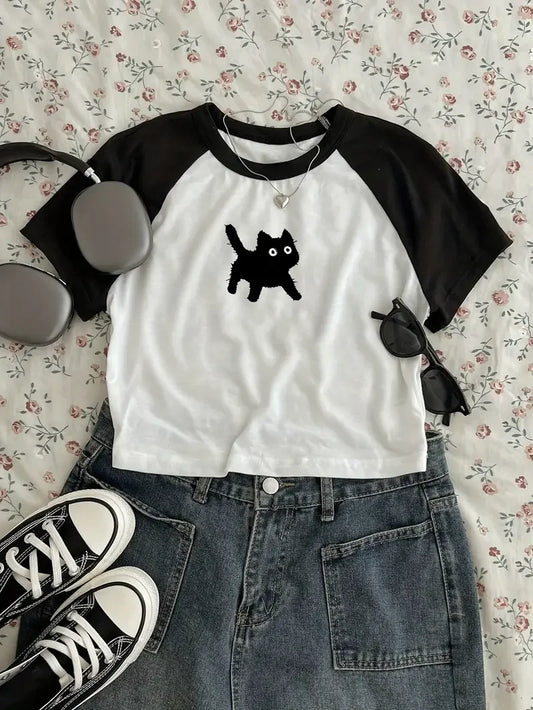 Cute Black Cat Print T Shirt
