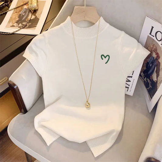 Half Turtleneck Embroidered Short Sleeve Knitwear Sweater Vest