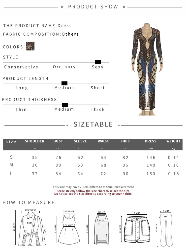 Butterfly Print Metal Ring Hollow Low-Neck Dress