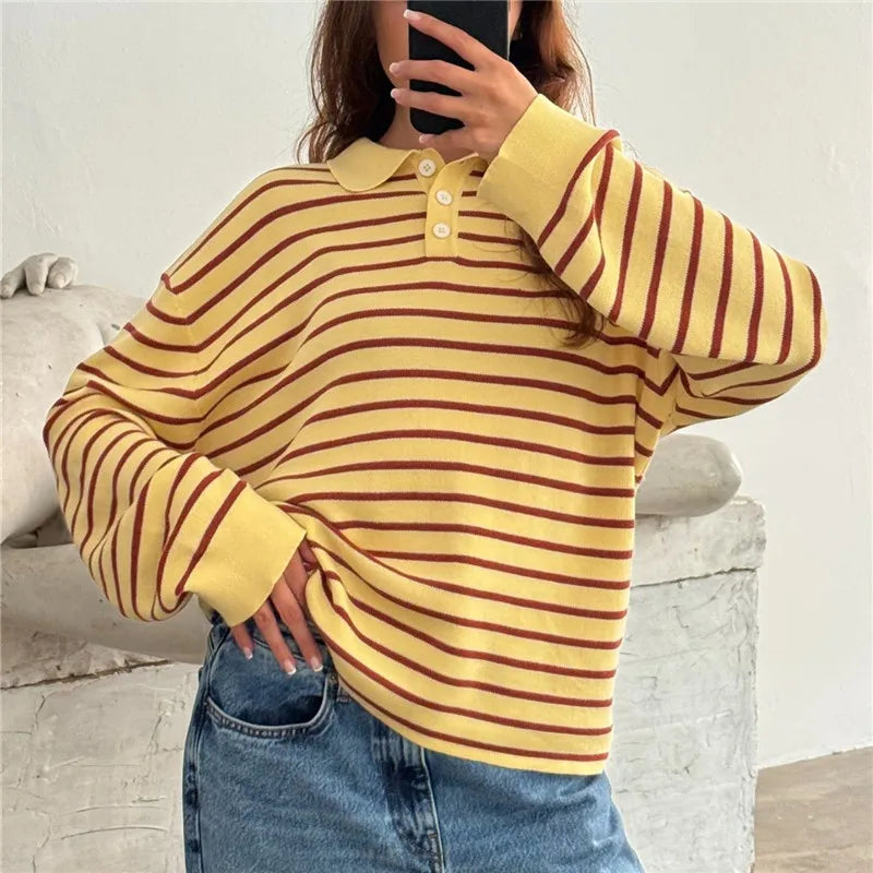 Oversized Striped Collared Long Sleeve Sweater