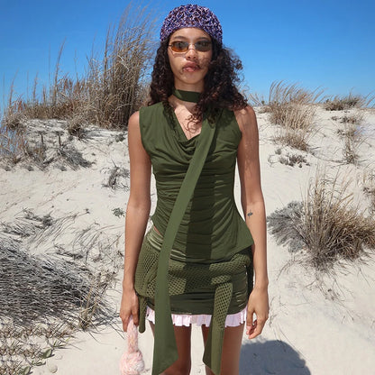 Solid Color Swing Collar Shrink Pleated Irregular Tank Top