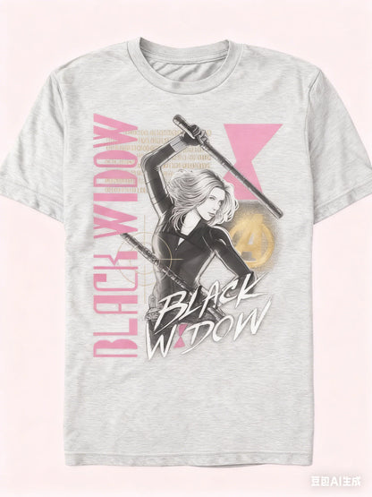 Black Widow Retro Comic Print Short Sleeve Loose Crew Neck T-Shirt