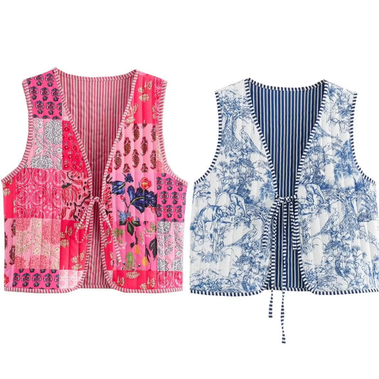 Quilted Lace Up Print Vest