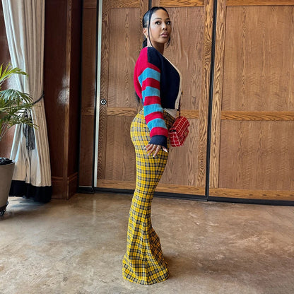 Plaid Print Casual Flared Pants