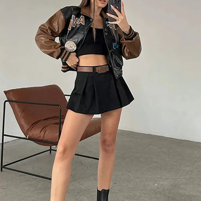 Retro Solid Color High Waist Pleated Mini Skirt W/ Belt