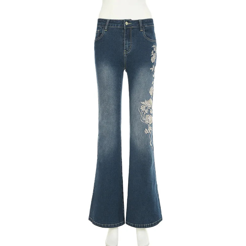 Embroidery Low Waist Flare Leg Washed Distressed Jeans