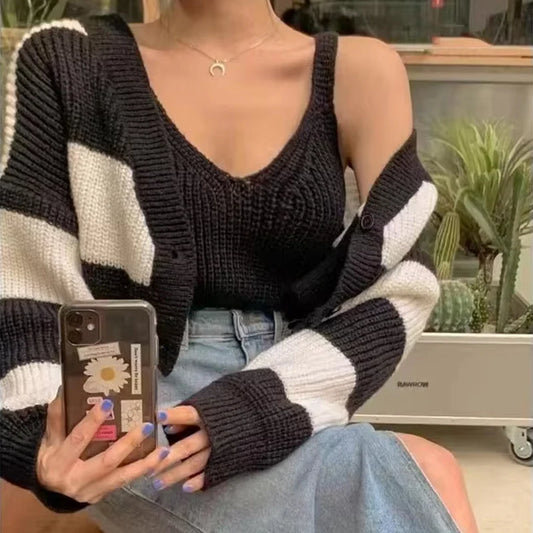 Fashion Stripe Knitted Cardigan Sweater 2 Piece Set