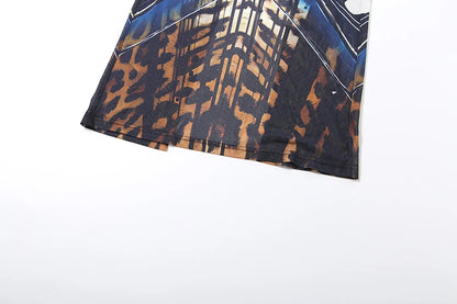 Butterfly Print Metal Ring Hollow Low-Neck Dress