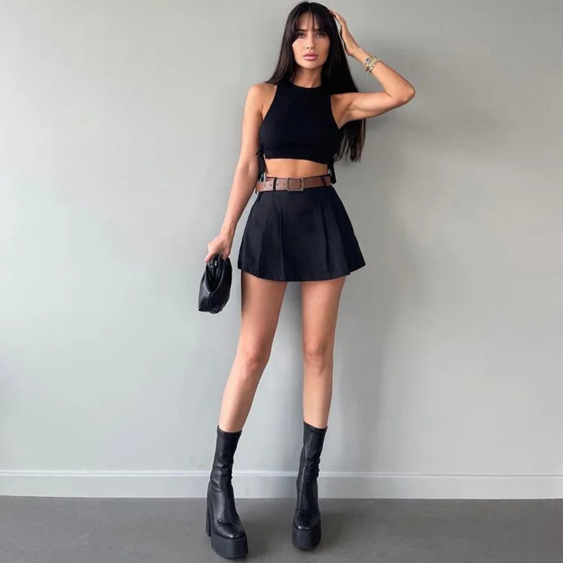 Retro Solid Color High Waist Pleated Mini Skirt W/ Belt