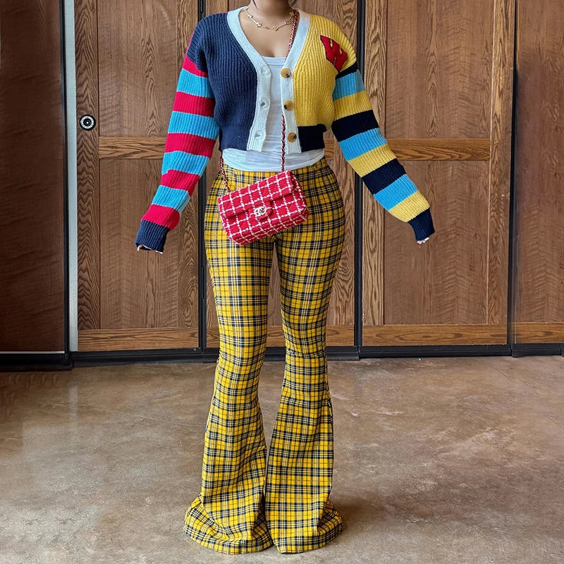 Plaid Print Casual Flared Pants