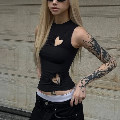 Hollow Out Love Heart Round Neck Sleeveless Top