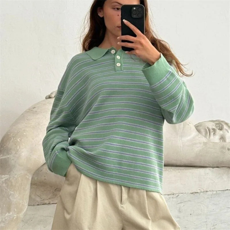 Oversized Striped Collared Long Sleeve Sweater