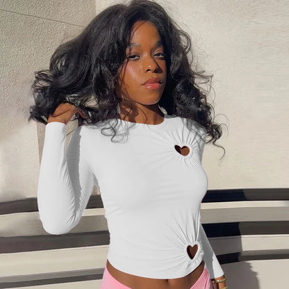 Carina Solid Color Love Hollow Out Long-Sleeve Top