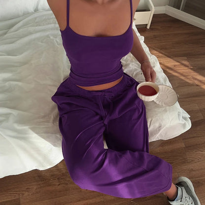 Loose Drawstring Pants Casual Sporty Two Piece Set