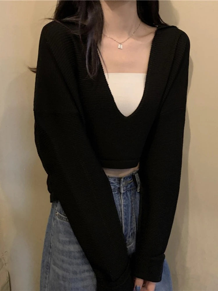 Elegant Casual V Neck Knit Long Sleeve Cropped Sweater