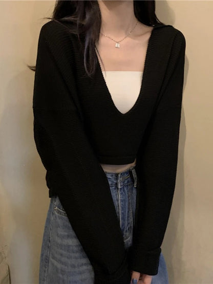 Elegant Casual V Neck Knit Long Sleeve Cropped Sweater