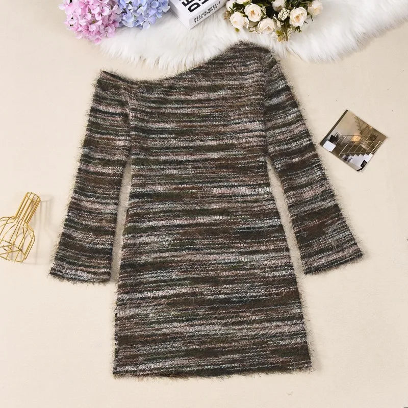 Striped Fall Fashion Knitted Sweater One Shoulder Long Sleeve Dress