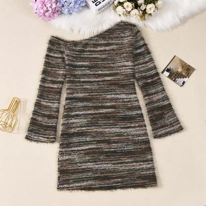 Striped Fall Fashion Knitted Sweater One Shoulder Long Sleeve Dress