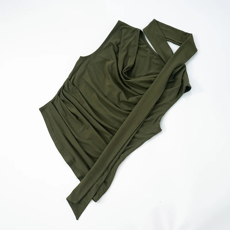 Solid Color Swing Collar Shrink Pleated Irregular Tank Top