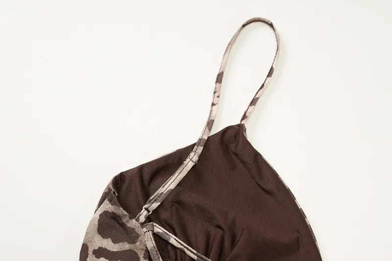 Leopard Print Mesh Spaghetti Strap Deep V Neck Mini Dress