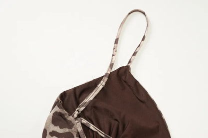 Leopard Print Mesh Spaghetti Strap Deep V Neck Mini Dress