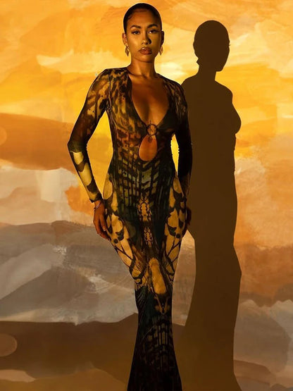 Butterfly Print Metal Ring Hollow Low-Neck Dress