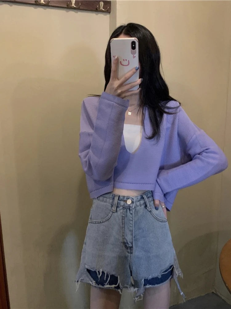 Elegant Casual V Neck Knit Long Sleeve Cropped Sweater
