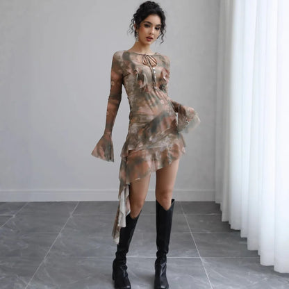 Serena Bell Sleeve Tie Dye Print Mesh Dress