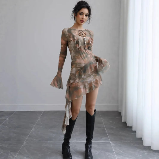 Serena Bell Sleeve Tie Dye Print Mesh Dress